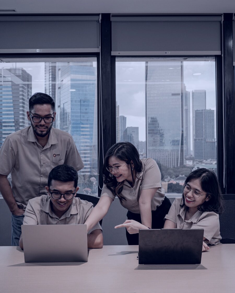 A team collaborating in their modern office